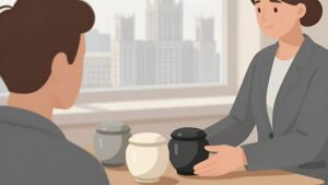 Консультант помогает выбрать урну, упрощая организацию кремации в Москве для родственников
