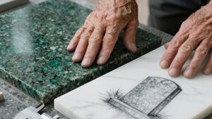 Руки мастера и клиента выбирают материалы для надгробия пенсионера согласно трендам 2026 года