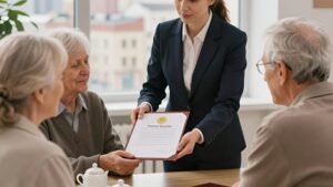 Социальный работник передает документы пожилой паре, разъясняя пособия на погребение в Москве